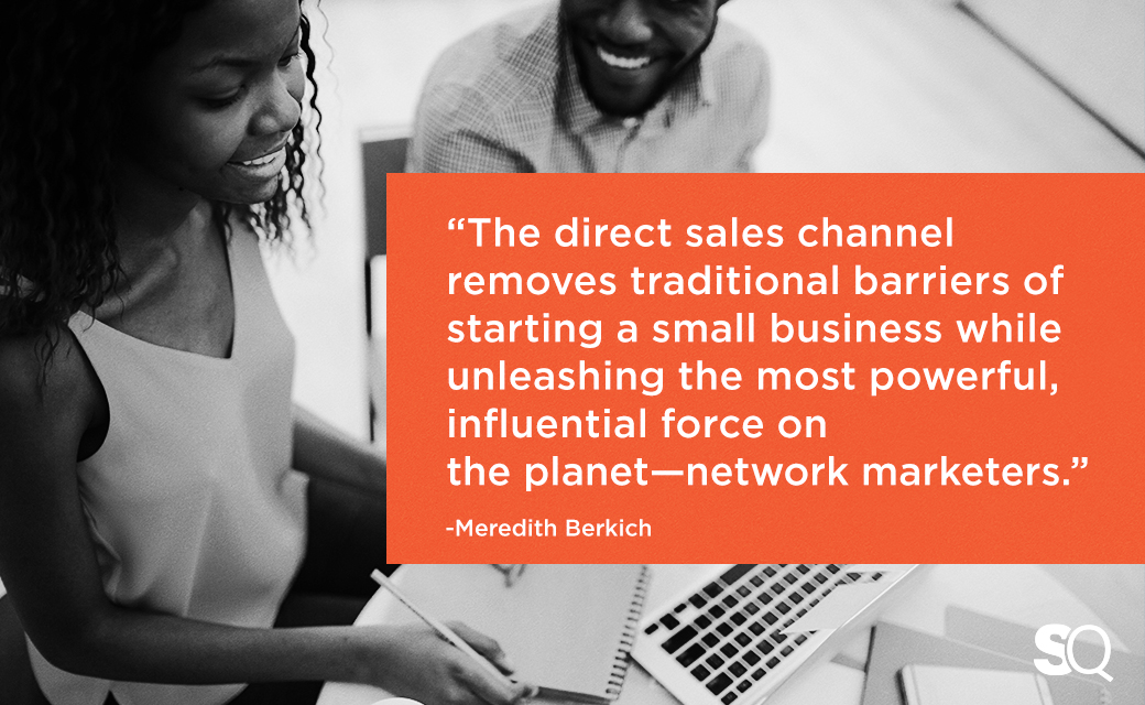 Direct Sales_01 two business people laughing and working at a computer with overlay of meredith quote on barriers to entry for small business
